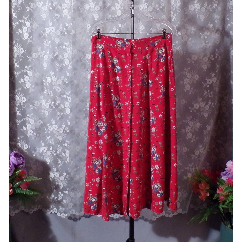 Vintage 90s Floral Skirt Size Medium 1990s Retro Red Rayon Whimsigoth Boho Midi